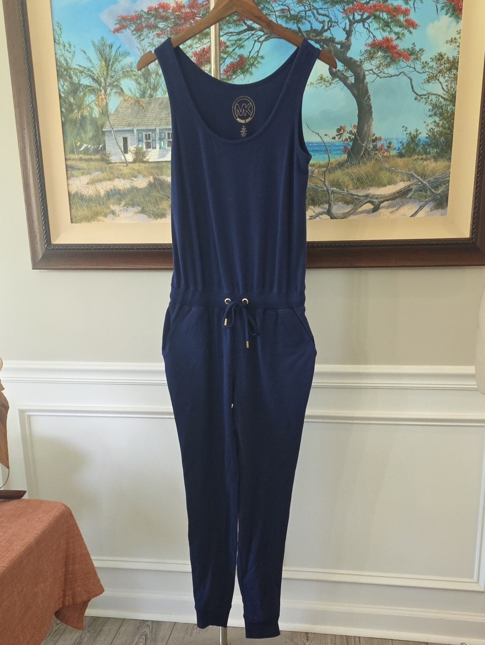 Michael Kors Navy Sleeveless Drawstring Knit Jumpsuit